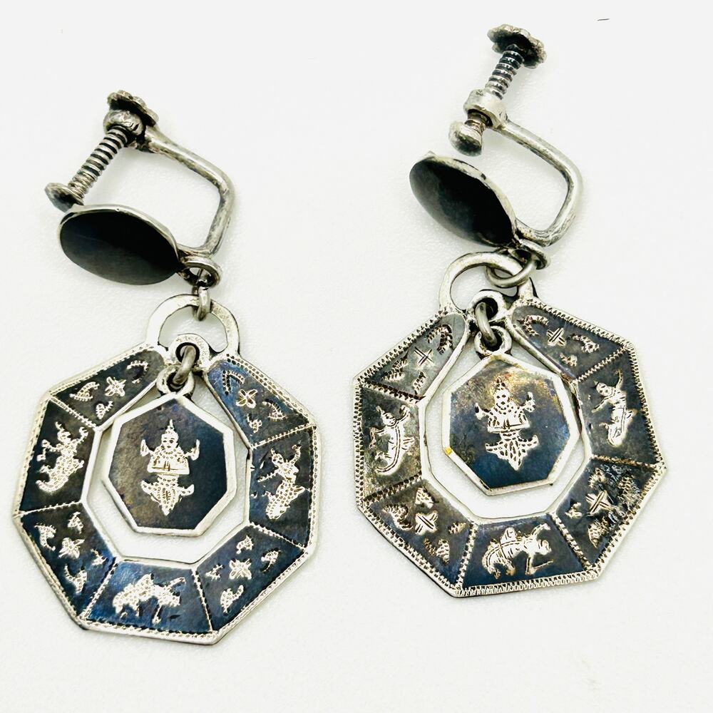 Vintage 40s Siam Sterling Silver Niello Thai Dancer Zodiac Earrings